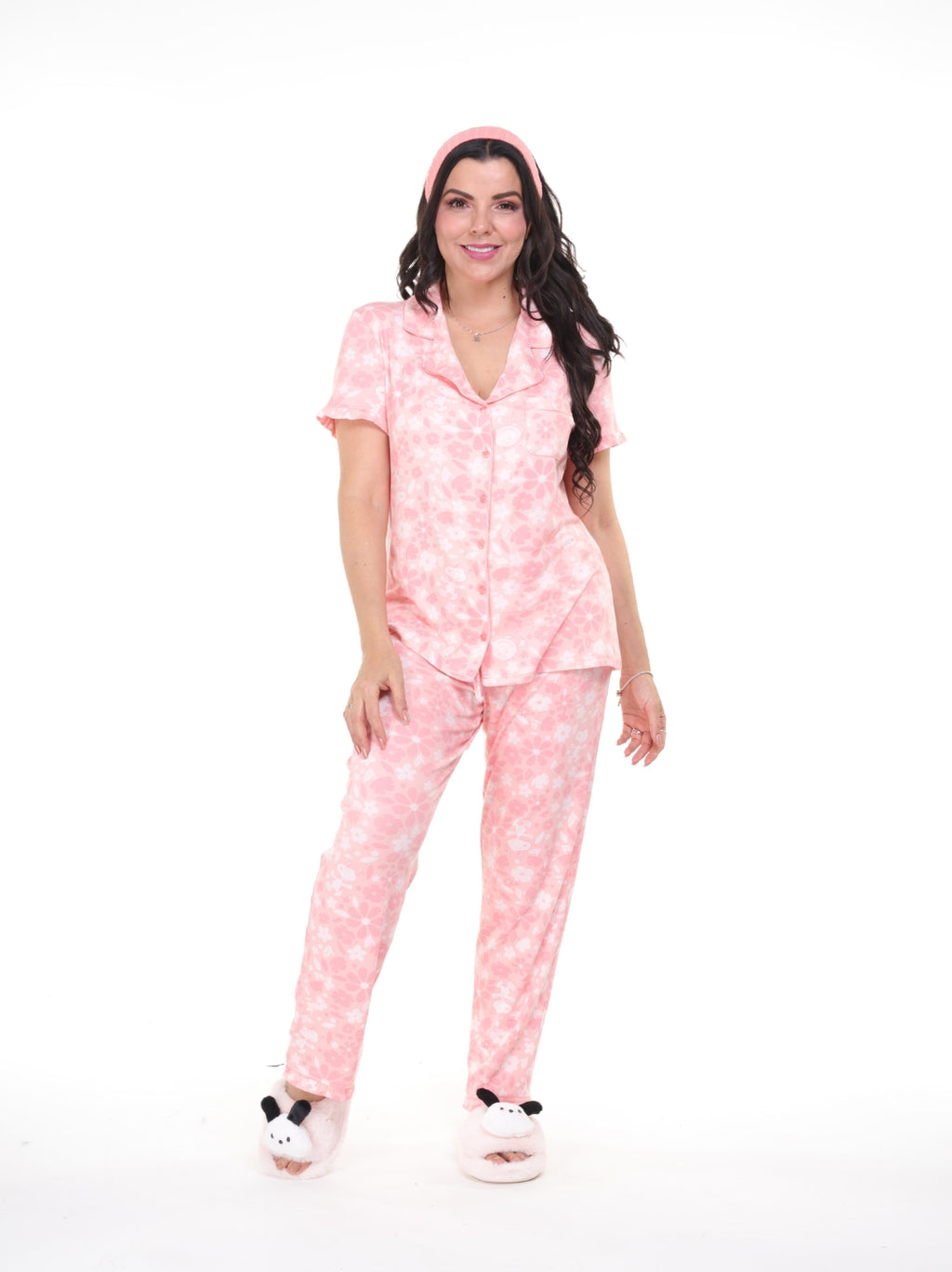 Pijama pantalón y camisa manga corta con botones rosa de snoopy