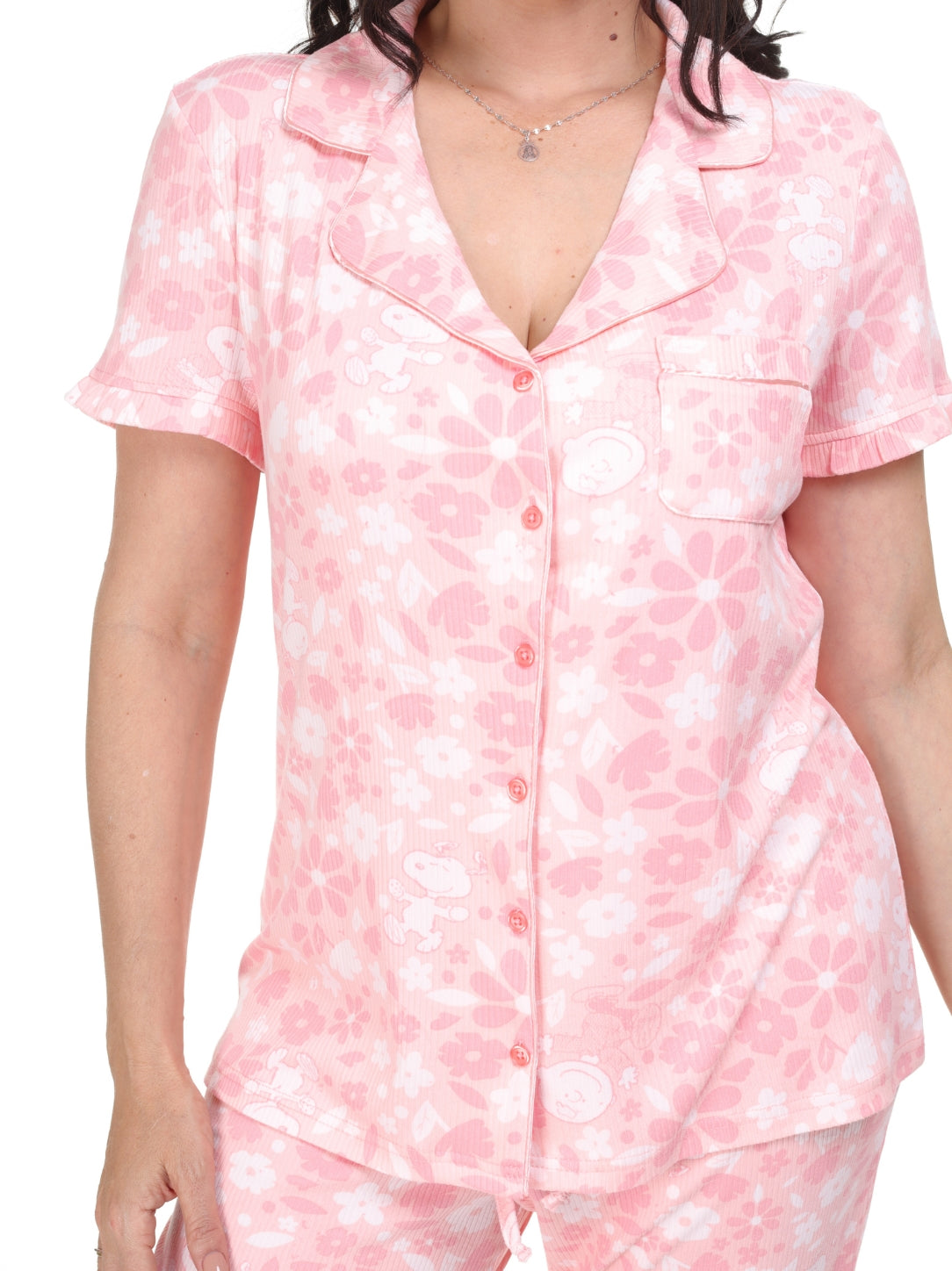 Pijama pantalón y camisa manga corta con botones rosa de snoopy