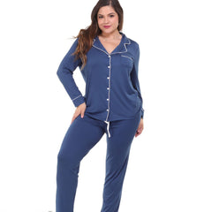 Pijama pantalón y camisa manga larga con botones azul línea blanca