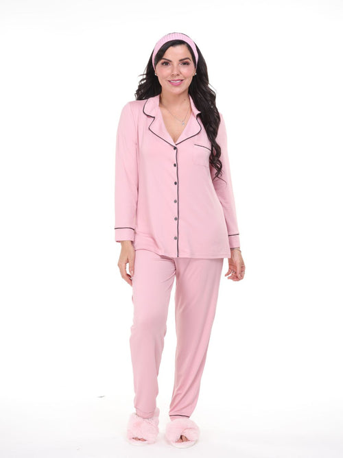 Pijama pantalón y camisa manga larga con botones rosa línea negra