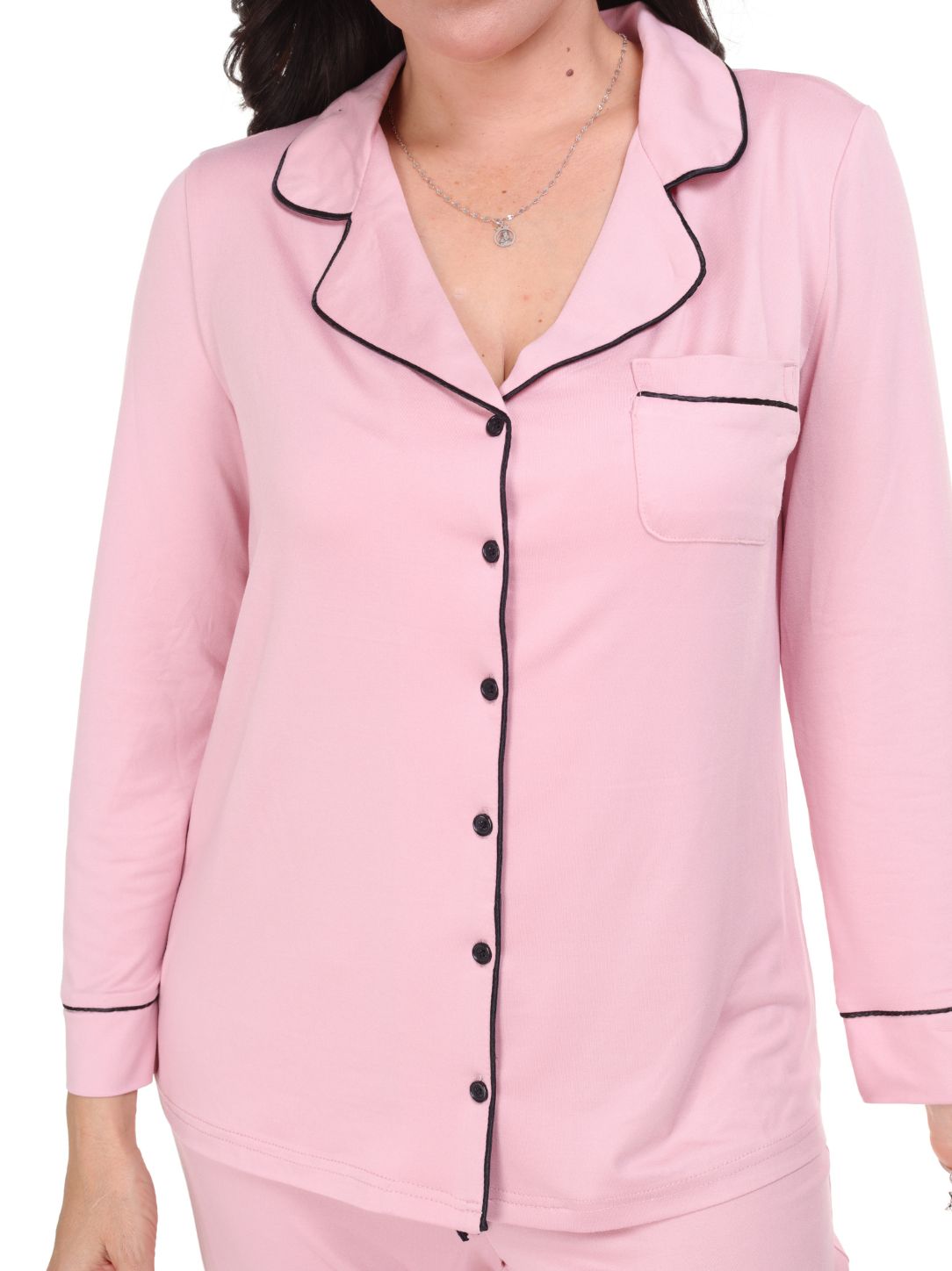 Pijama pantalón y camisa manga larga con botones rosa línea negra