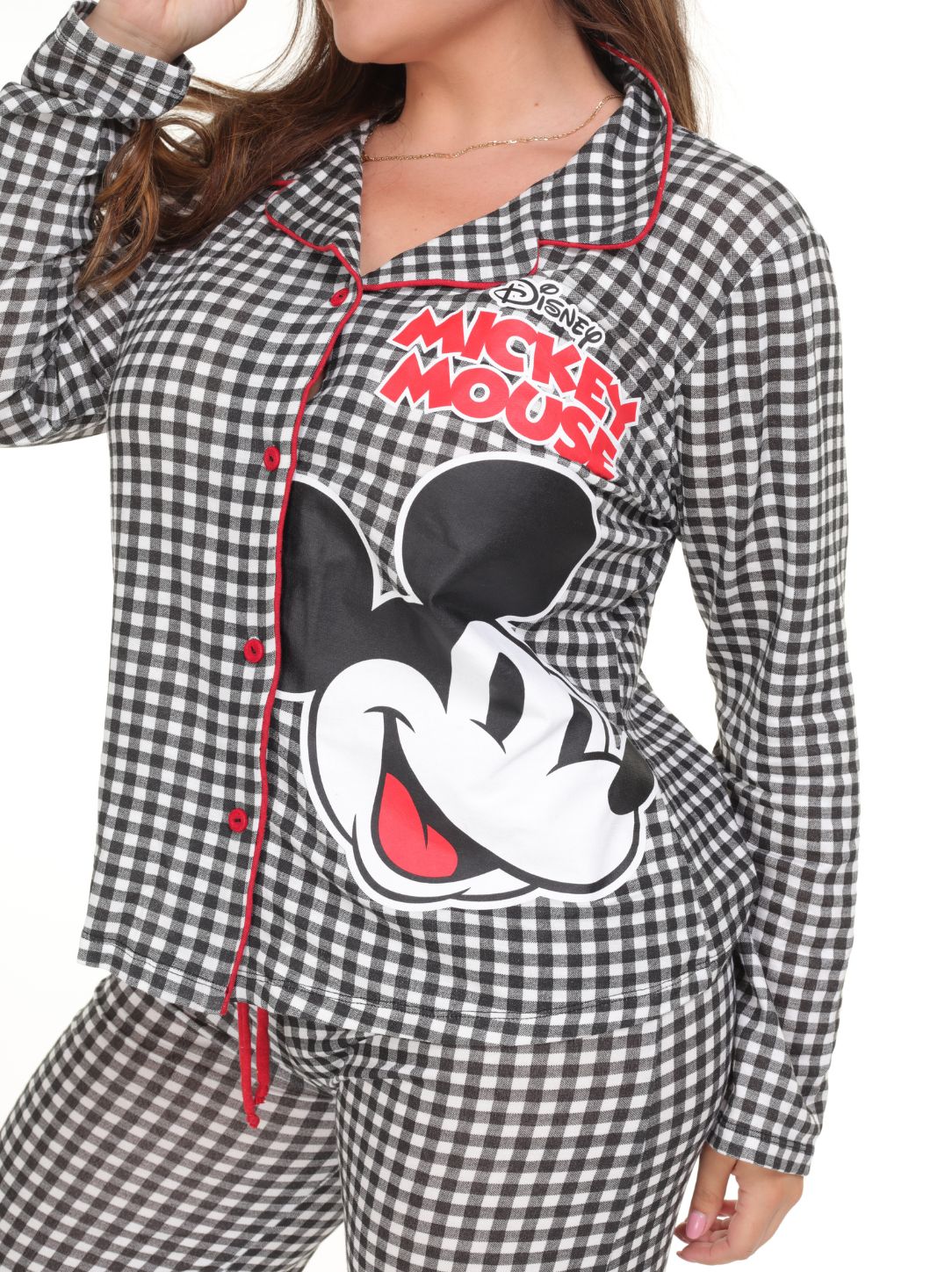 Pijama pantalón y camisa manga larga con botones y cuadros vichy de mickey mouse negra