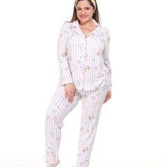 Pijama pantalón y camisa manga larga con botones y rayas de snoopy rosa