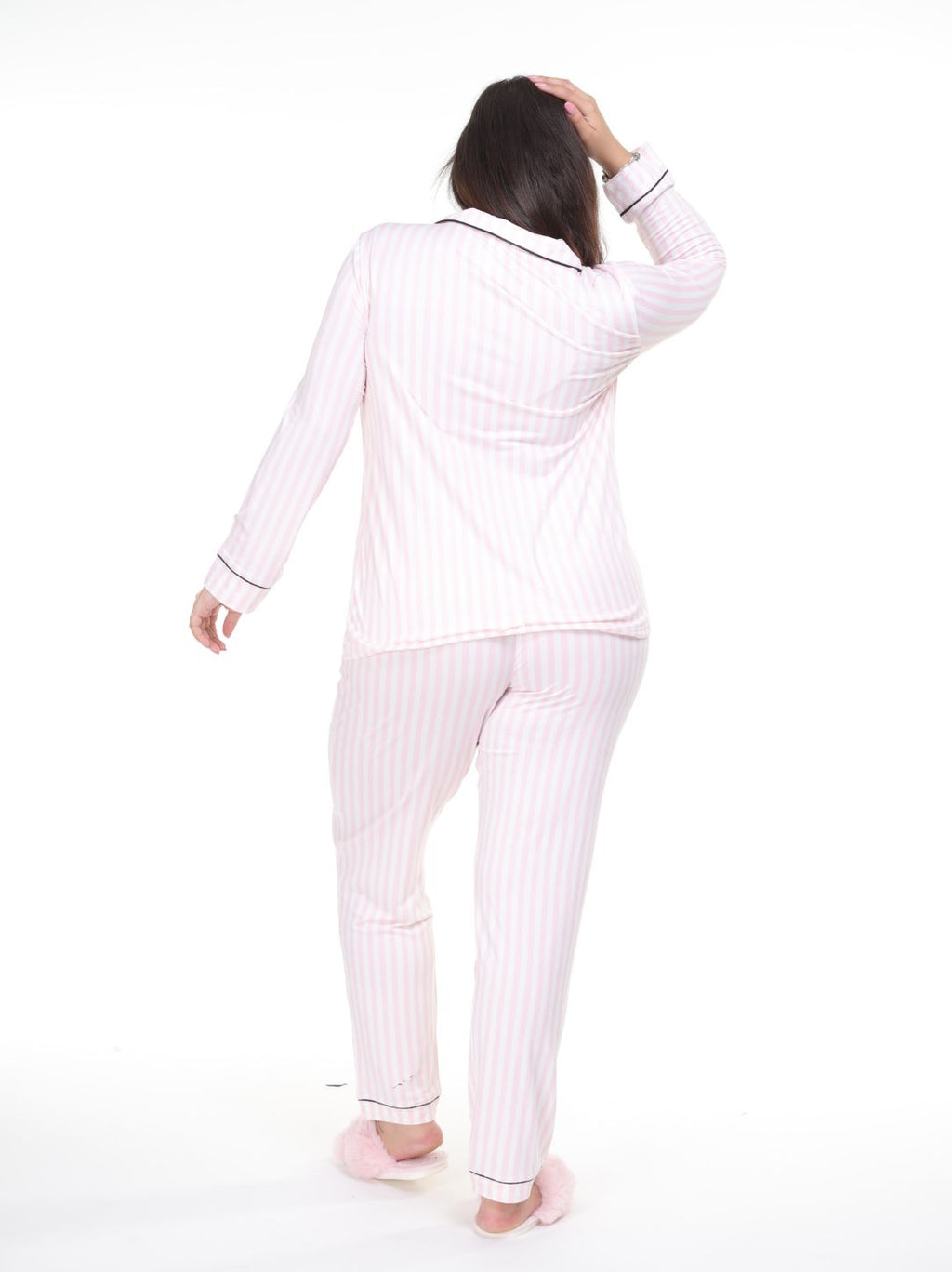 Pijama pantalón y camisa manga larga con botones y rayas rosa