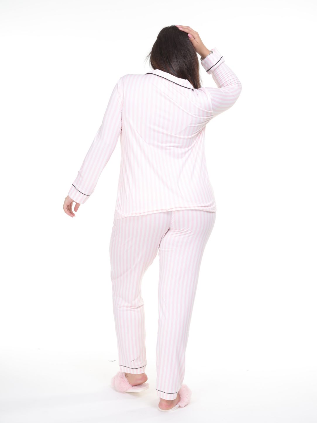 Pijama pantalón y camisa manga larga con botones y rayas rosa