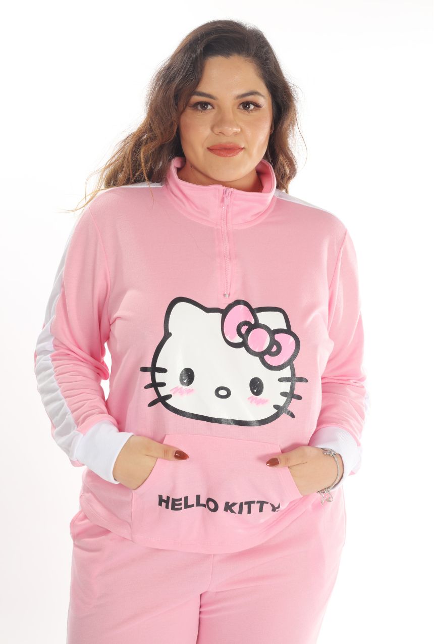 La pijama pantalón y sudadera rosa de Hello Kitty es perfecta para quienes buscan combinar estilo y confort. Su diseño incluye un pantalón suave y una sudadera acogedora en un encantador tono rosa, decorados con el icónico personaje Hello Kitty. Ideal para mantenerte cómoda en noches frescas o momentos de descanso en casa, esta pijama es una opción práctica y llena de ternura para fanáticos de este personaje entrañable.