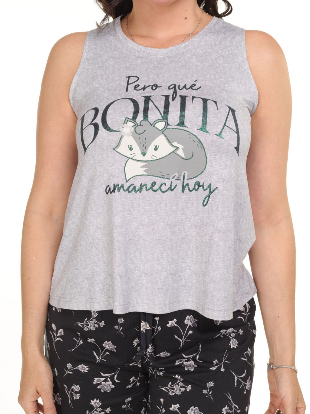 Pijama short ramas negro y camisa sin manga gris