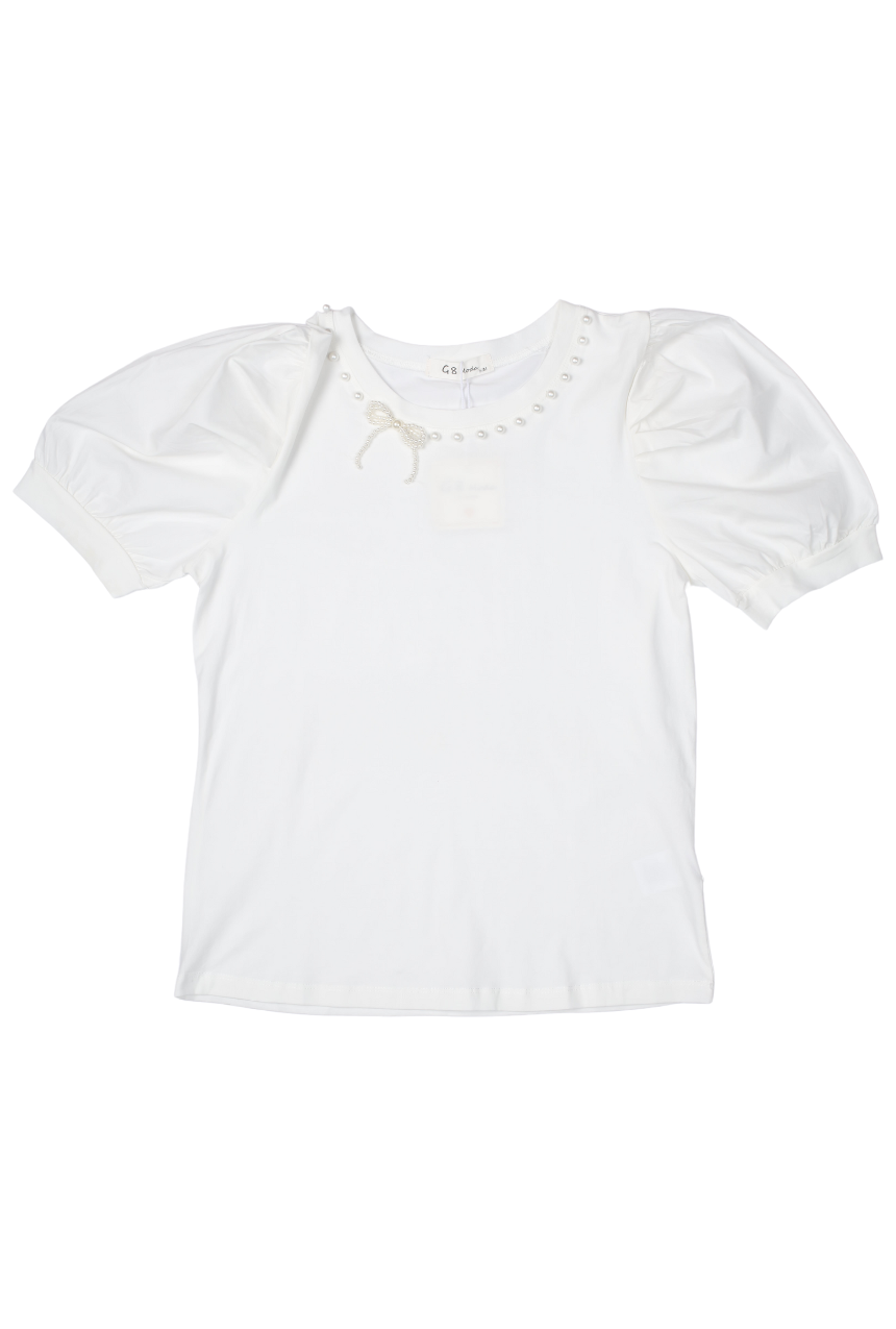Blusa manga corta tipo globo con perlas bordadas en cuello blanco