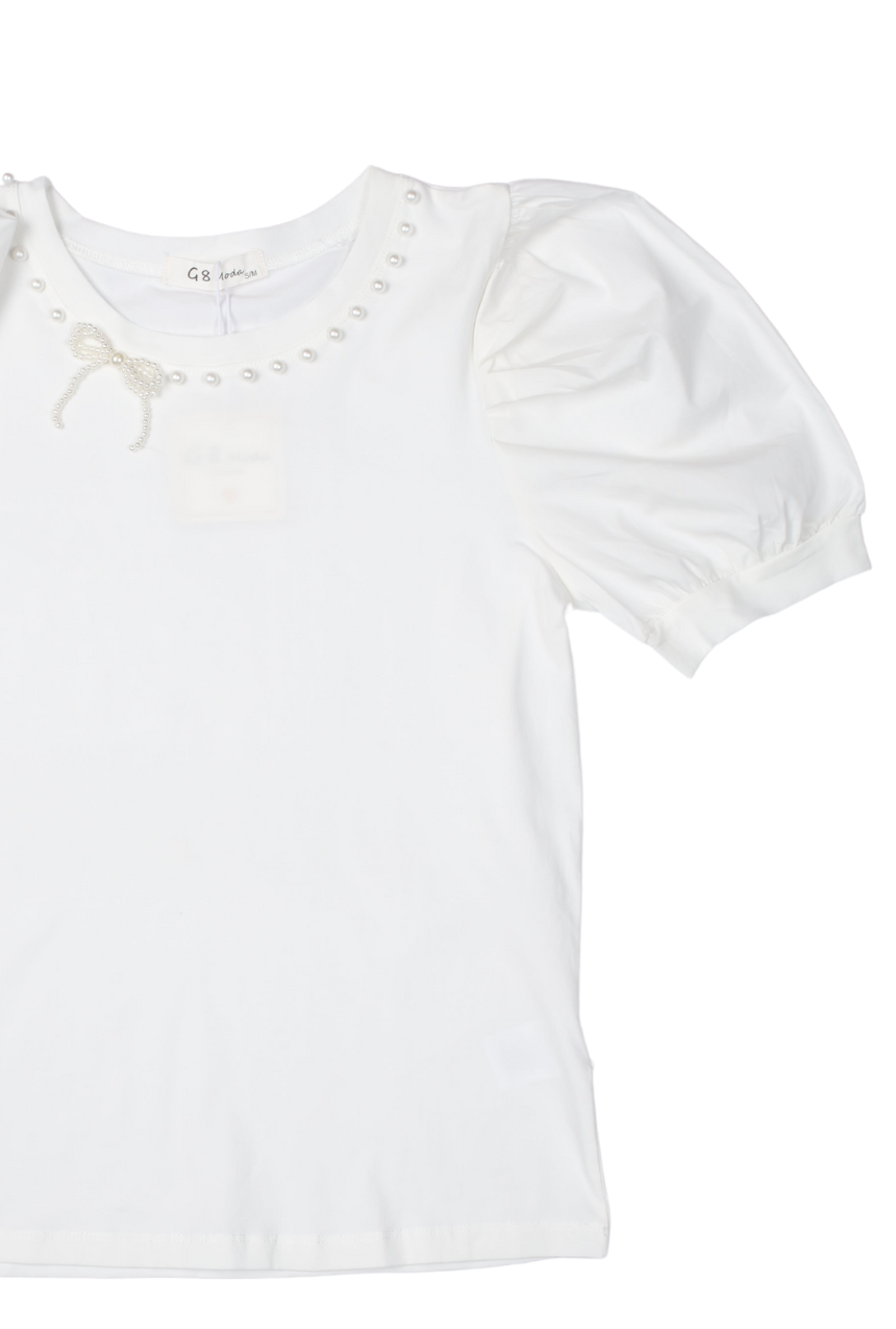 Blusa manga corta tipo globo con perlas bordadas en cuello blanco