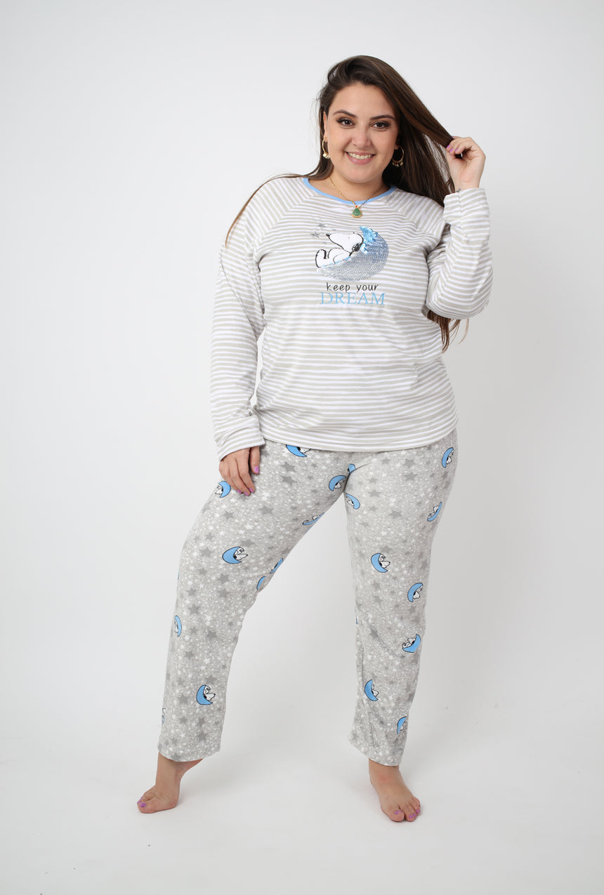 Pijama pantalón con playera manga larga de Snoopy en luna, 2 piezas