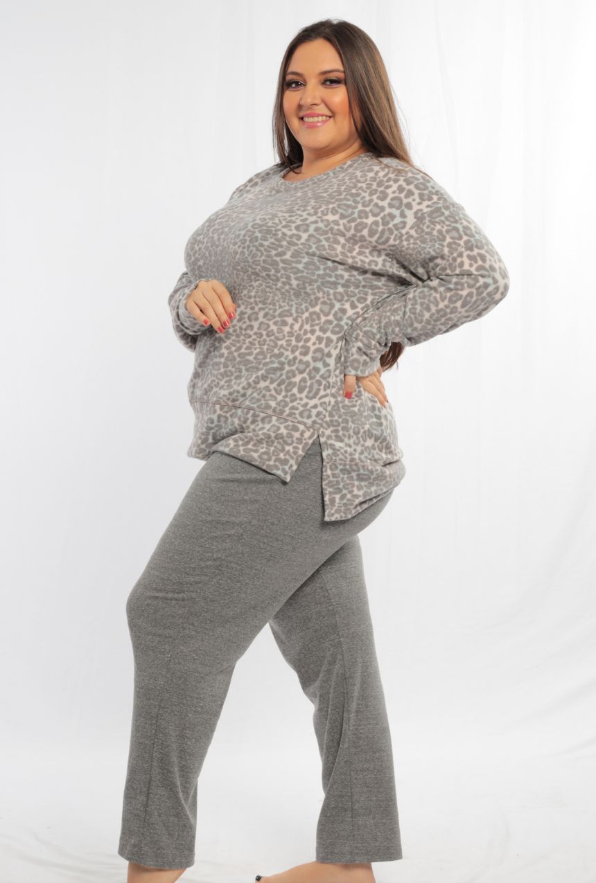 Pijama pantalón manga larga estampado de leopardo, ultra suave