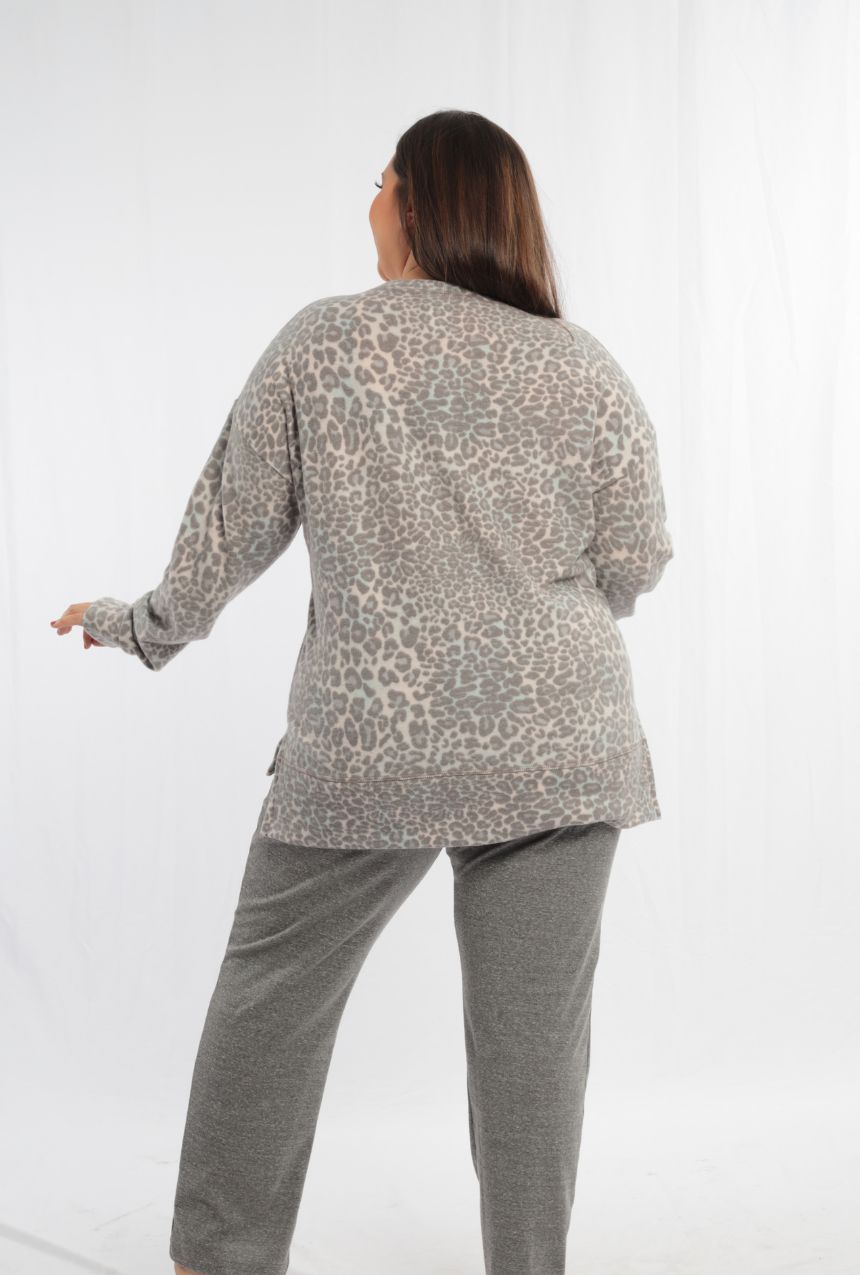 Pijama pantalón manga larga estampado de leopardo, ultra suave