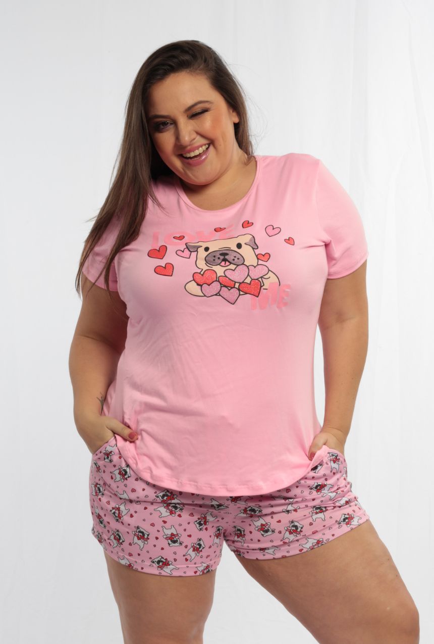 Pijama de 3 piezas con short y bata estampada de Pug con corazoncitos